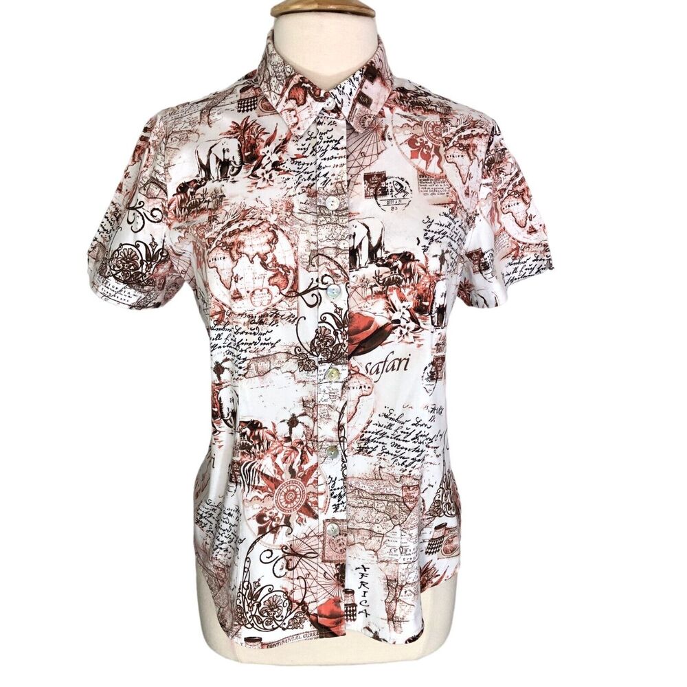 Chico's Size 2 Button Front Soft Flannel Blouse Short Sleeve Safari Animal Print